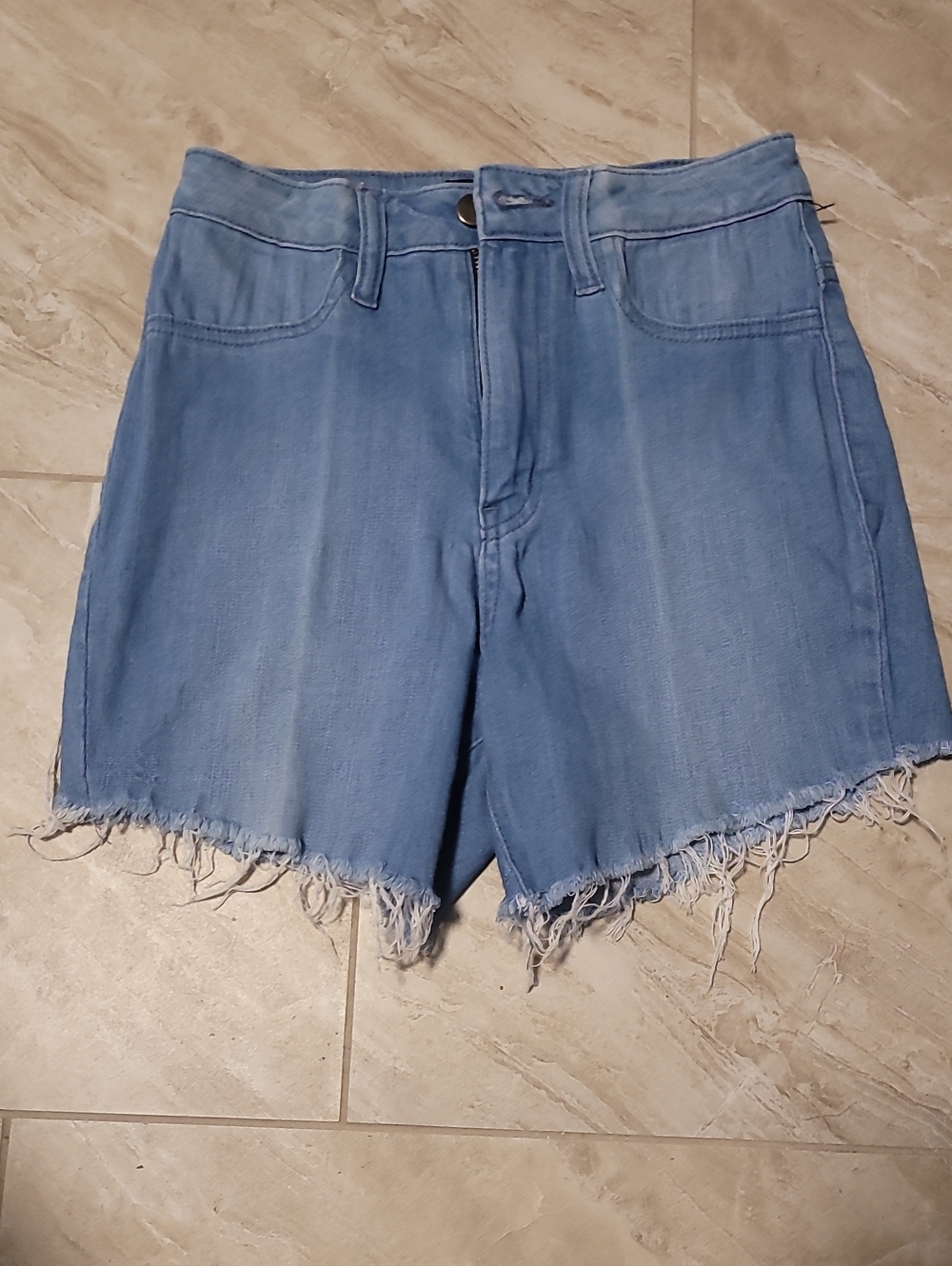 AKIRA Light Blue High-Waist Frayed Denim Shorts
